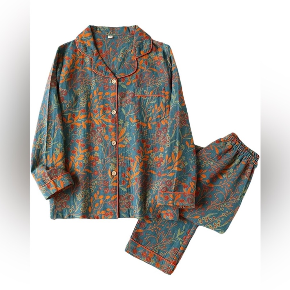 🌿 Boho Floral Cotton Pajama Set – Teal & Rust Botanical Print (Size M)